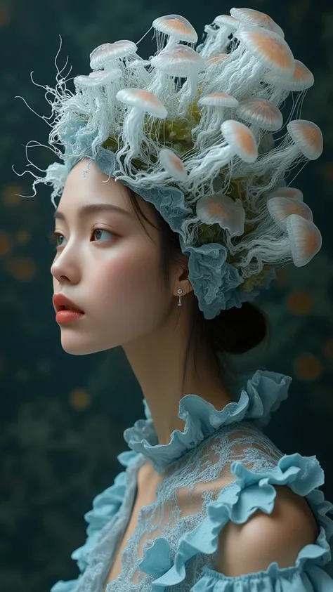 woman with a hat of 3d jellyfish, detailed facial features, elegant posture, serene expression, hyper-realistic, 8K, photorealistic,  masterpiece, 