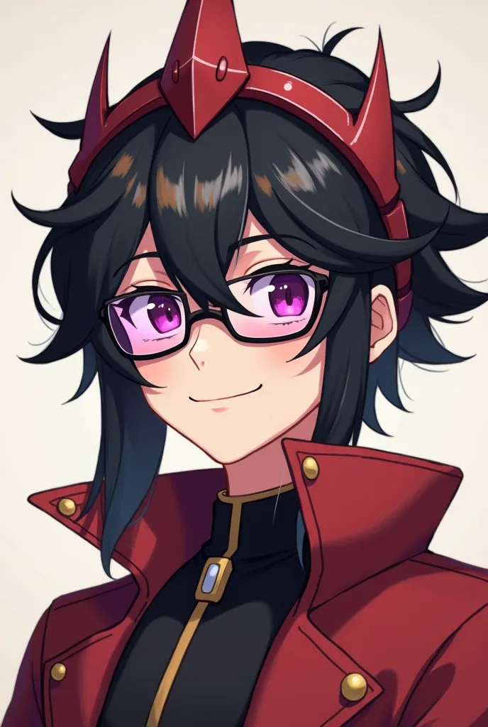 Meta: create an image with basic anime traits
A fair-skinned boy with a smile and glasses that cover his eyes with purple lenses and the smile must reach the glasses with large black hair that covers his forehead with brown spots and on top a red one with ...