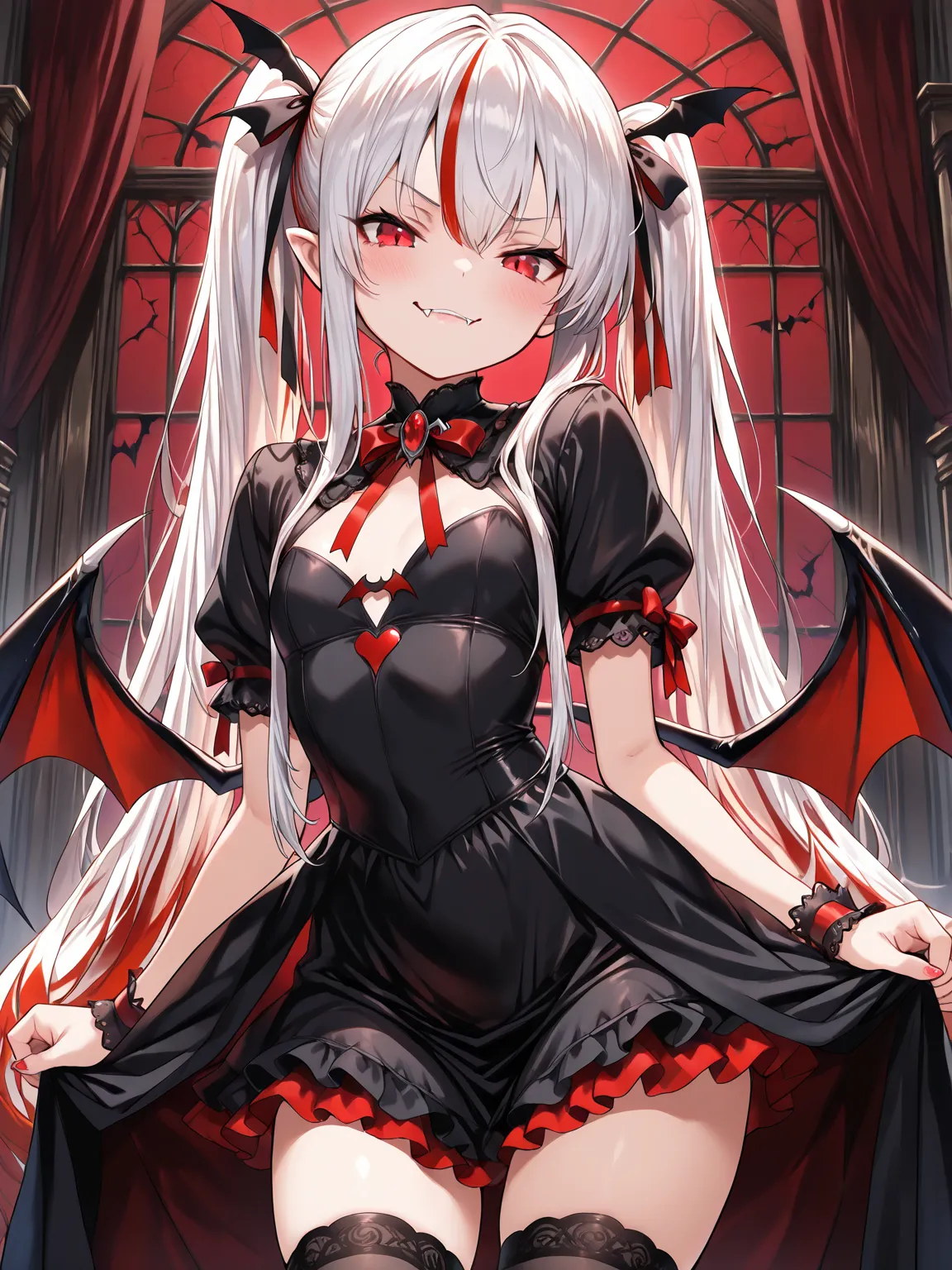 ((masterpiece, best quality, extremely detailed)), 1girl, white hair, very long hair, multicolored hair, red hair, long sidelocks, red eyes, petite, vampire, fangs, bat wings dress, frilled dress, black thighhighs, hair ribbon, looking at viewer, smirk