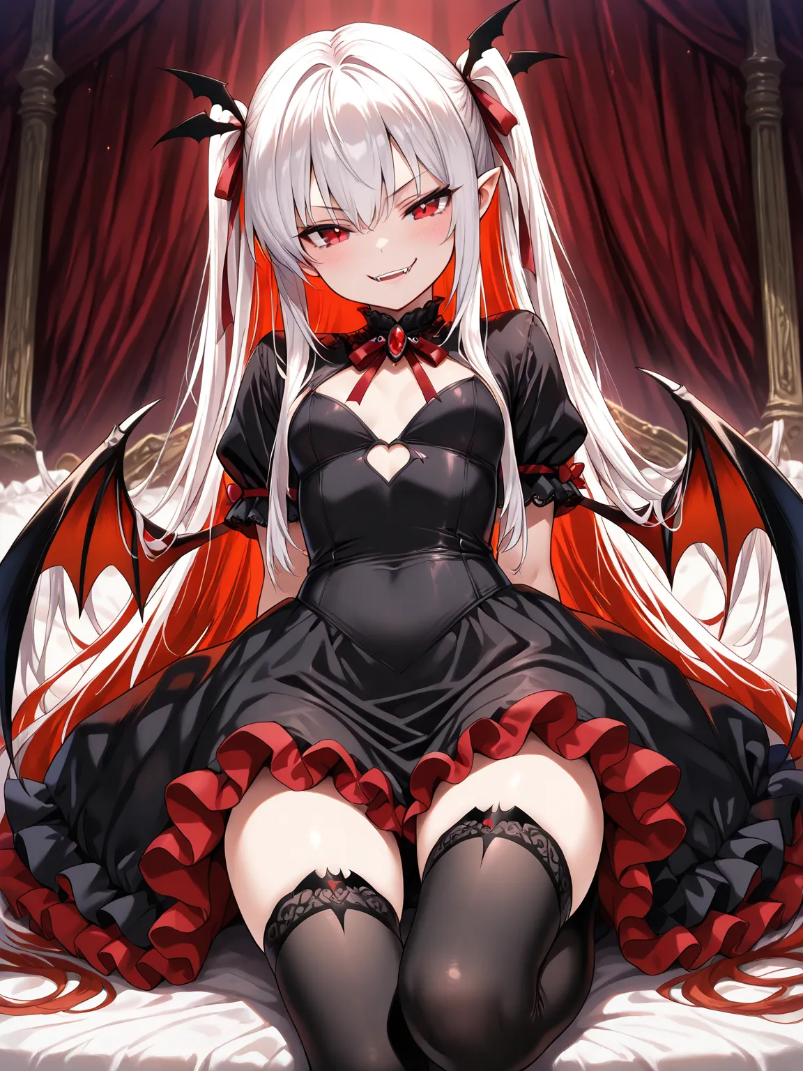 ((masterpiece, best quality, extremely detailed)), 1girl, white hair, very long hair, multicolored hair, red hair, long sidelocks, red eyes, petite, vampire, fangs, bat wings dress, frilled dress, black thighhighs, hair ribbon, looking at viewer, smirk