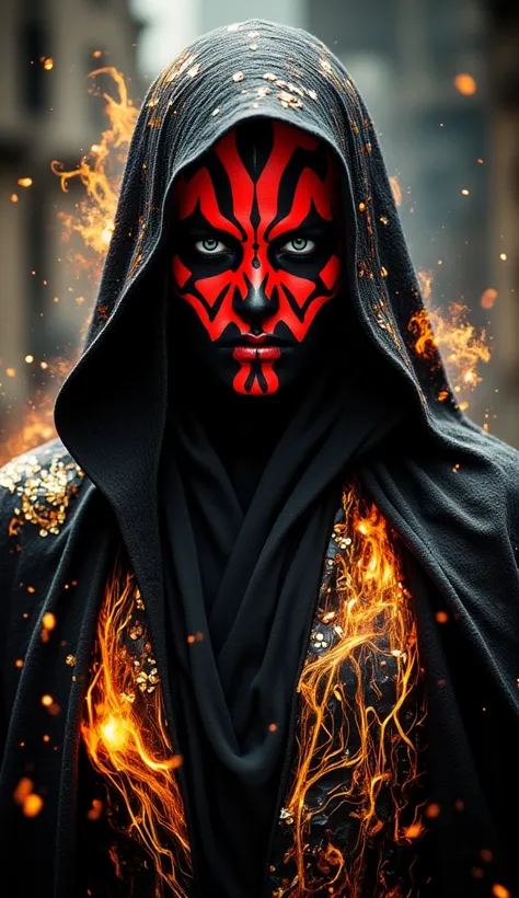 a figure with makeup inspired by the one painted with a red and black,  that recalls the iconic makeup of Darth Maul from Star Wars  , radiating an intense energy 
The eyes are intensely blue and contrast with the rest of the color palette. The clothing is...