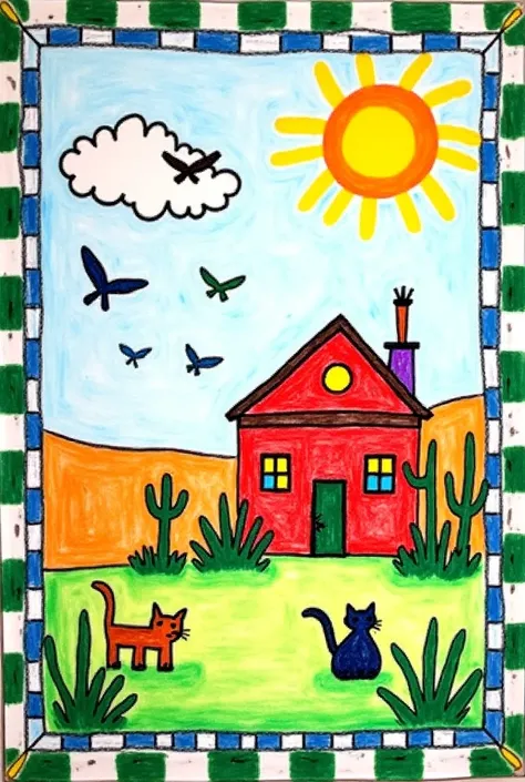 "I want an image that looks like it’s hand-drawn with colorful crayons, resembling a ’s artistic painting. The scene should depict a rustic desert house, a bright sun, fluffy clouds in the sky, and birds flying around. There should also be cats scattered r...