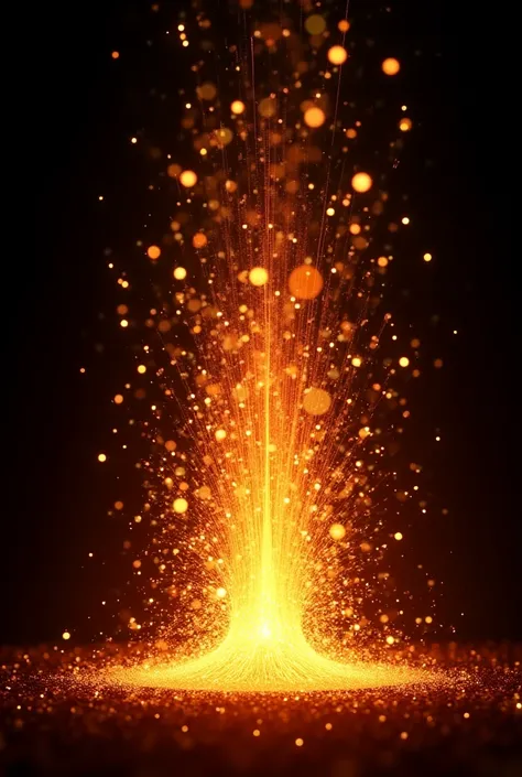 "An explosion of bright sparks in shades of gold and orange, spreading dynamically against a totally black background. The sparks vary in size and intensity, some looking like tiny sparks, while others stretch like luminous trails. The effect must be reali...