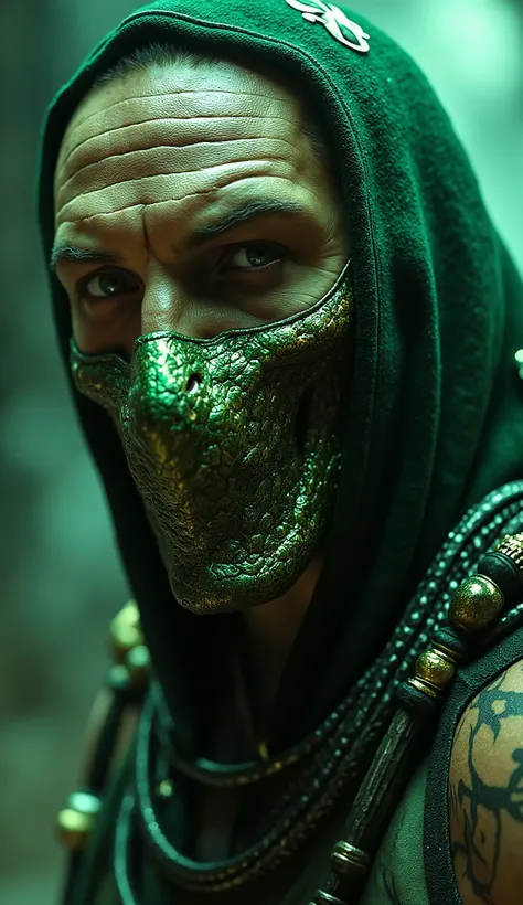 Here is a detailed prompt to generate an image ** super realistic** of Tom Hardy as **Reptile**, focused **only on the face**, with a green outfit and a shiny metallic green mask partially covering the face, and a striking background:
---
**"Close-u...