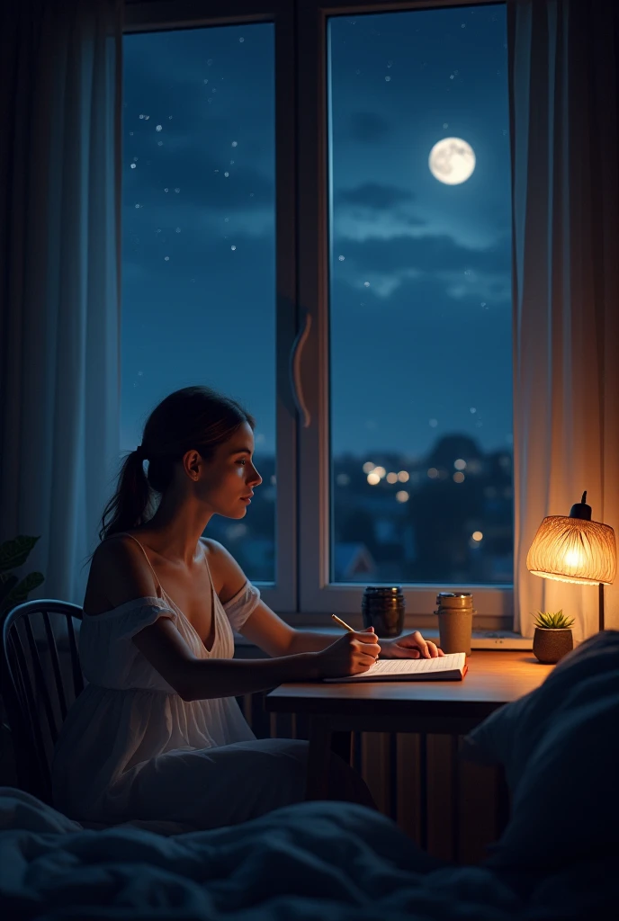    A woman taking notes in her diary at her desk in her bedroom wearing her dress to sleep, At night, with stars shining in the sky and the full Moon visible through an open window

Hyperrealistic design style 