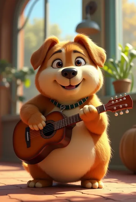 A realistic chubby dog,  with soft, shiny fur . He has cute paws, a rounded belly and an adorable expression, Is he playing a guitar, (pixar- style)