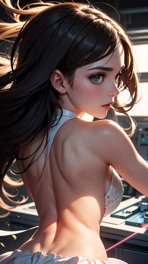 (solo girl:1.2, shot from behind, dynamic poses:1.1), (rotating big head:1.3), lens, Dramatic lighting that emphasizes shadows, Textured details, Laser effect adds depth, best quality.