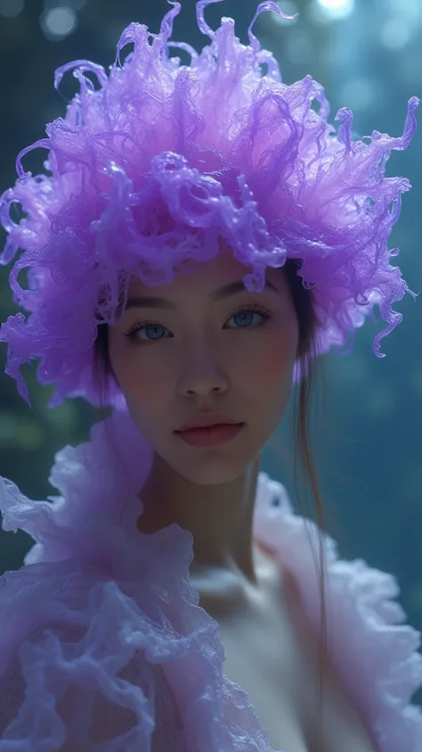 Beautiful Caucasian woman with a hat of 3d purple jellyfish, detailed facial features, elegant posture, serene expression, lighting hyper-realistic, 8K, photorealistic,  masterpiece, 