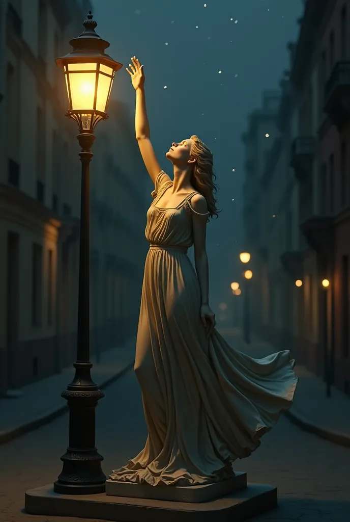    A statue of a woman in dress illuminated by an old pole at night where the statue tries to touch the sky 