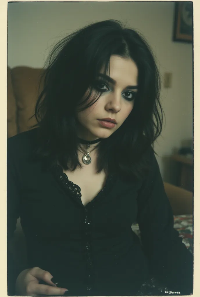 Create a photo of a women at home. Black-haired girl with medium short hair. Polaroid photo. Low quality. Gothic makeup. Gothic outfit. Gothic accessories.