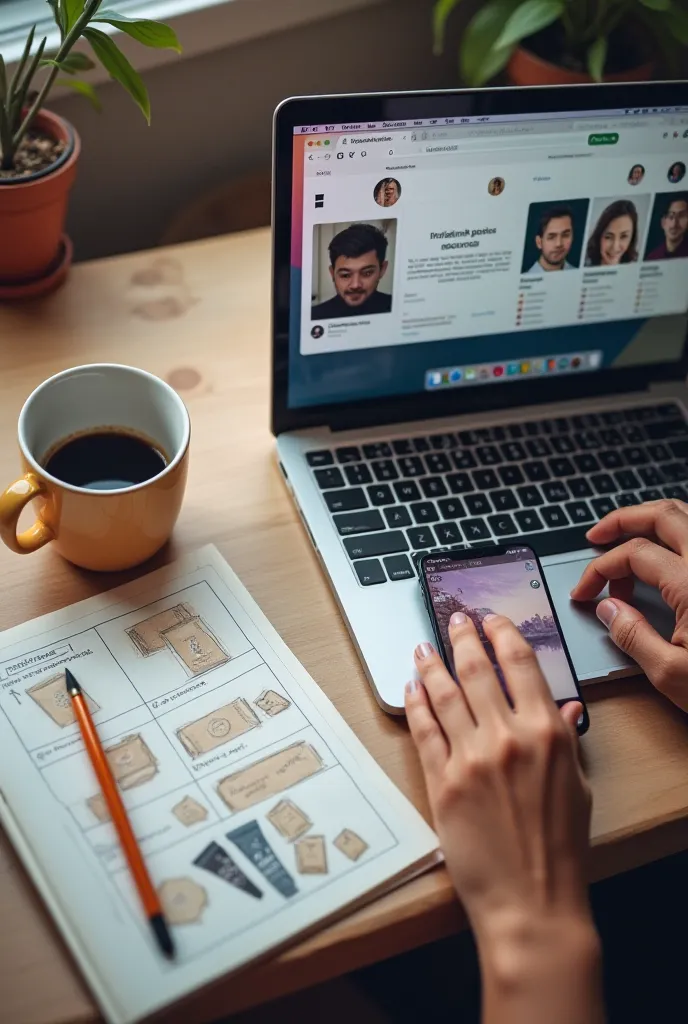 The process of working on a laptop
 • Photo: Top view — hands on keyboard, next to a notebook with packaging sketches, a mug of coffee , phone with the customer's Instagram profile open.
	• Details: Light clutter on the desk — inspiring materials, color pa...