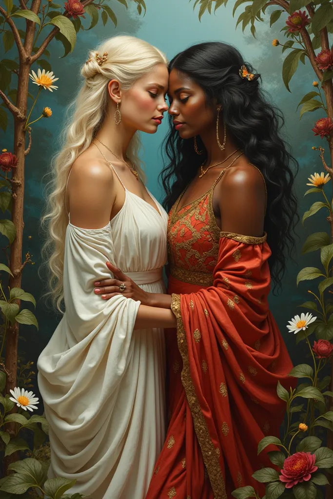 Une grande peinture format portrait. Il y a la muse de l'histoire, la muse des arts. Une est blanche, l'autre est noire. Elles sont belles, complices. Le style est realiste et melange la science fiction et l'antique. Il y a de la nature autour d'elle.