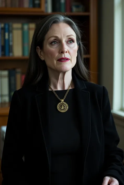 Julianne Moore as a Miskatonic University professor. Female. Mysterious and Alluring Archeology Professor. Elegant with graying raven-black hair, pale skin, and piercing amber eyes. Always adorned in Gothic academic attire, with a necklace bearing an ancie...