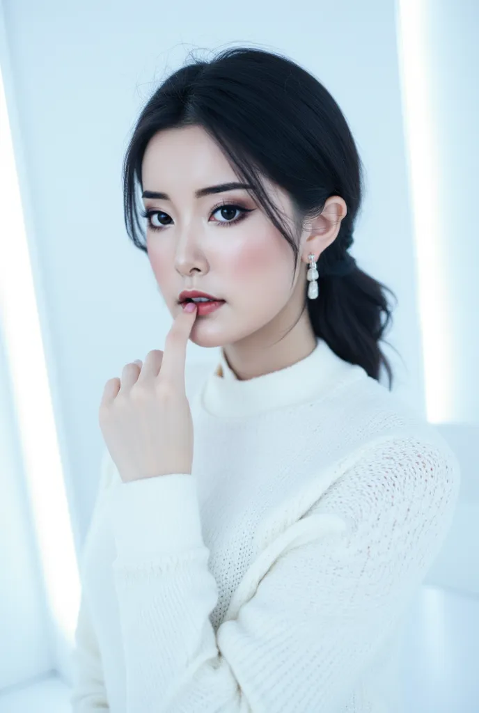 woman looking forward, in a white stylish sweater, on a white background, with white neon light
