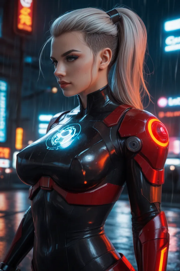 A cyberpunk assassin named Sable Arasaka. She is in her late 30s, 5'11" with a lean, athletic build. Her pale skin has a faint metallic sheen where cyberware integrates with flesh. She has silver-white hair slicked back into a tight ponytail, with a few lo...