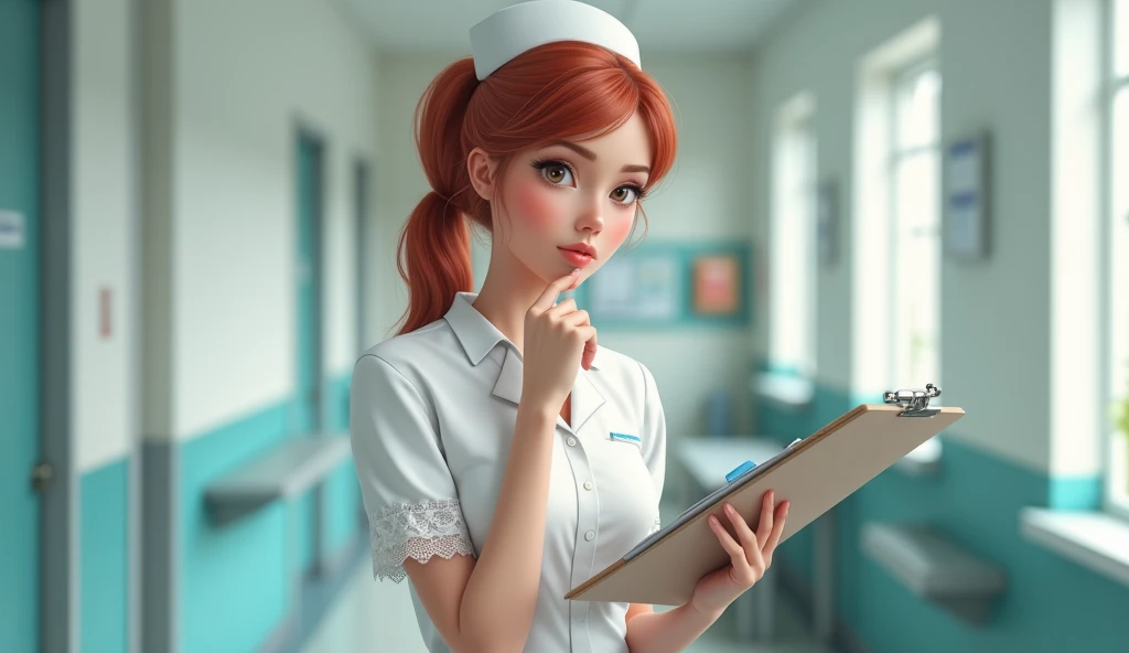 A petite redhead nurse in a lace-trimmed uniform, holding a clipboard, tapping her pen against her chin as if deep in thought.