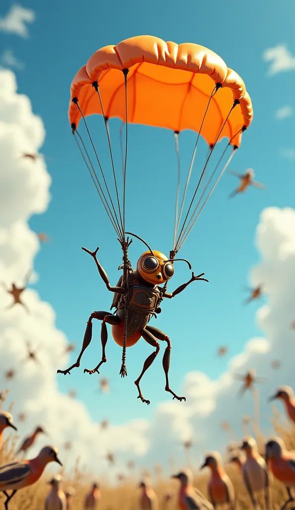 "Skydiving Ant Adventure" – A tiny ant in aviator goggles and a parachute joyfully free-falls from an airplane, arms spread wide, while birds look on in shock.
