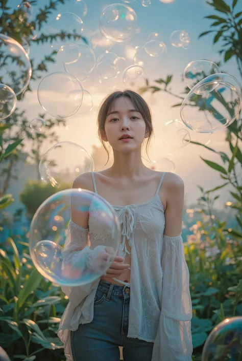 A beautiful asian girl, Wearing big size casual clothes sleeveless pattern ,standing enjoying playing big bubbles on the blue garden, sunset