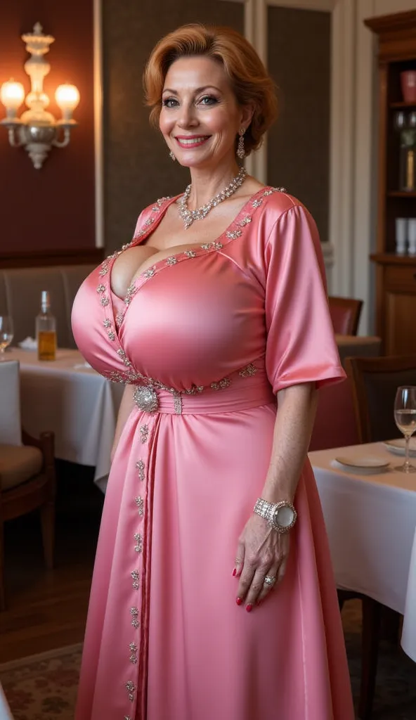 A 95-year-old redhair sexy granny with a thick figure, wearing pink colorful festive and luxurious satin dress with silver buttons. huge breasts. Standing at a short, full-length. Short girl with slim legs. Short hairstyle. Short dark blonde hair girl, blu...