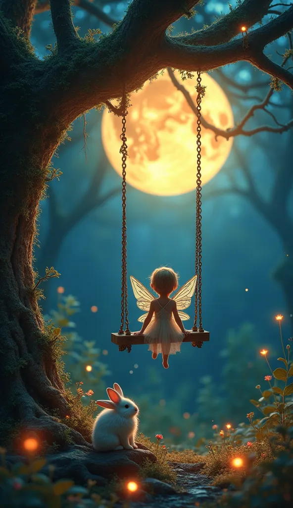 A dreamy night scene where a tiny fairy with delicate wings sits on an elegant wooden swing, gazing at a glowing golden full moon. The swing hangs from ancient, enchanted tree branches covered in softly glowing moss. The background consists of a mystical f...