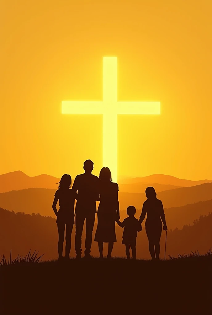 The image shows a family silhouetted against a golden-toned background, standing together in front of a large, glowing cross. The landscape is open with rolling hills in the distance. Instead of young ren, the family includes age and college-aged ren, evid...