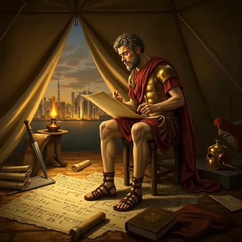 "Creates a dramatic image of Marcus Aurelius on his deathbed, rodeado de senadores y su hijo convenient. Marco Aurelio lies in a simple but elegant bed, with a serene but tired expression, holding a scroll of parchment  ( Meditations ) In one hand. At your...