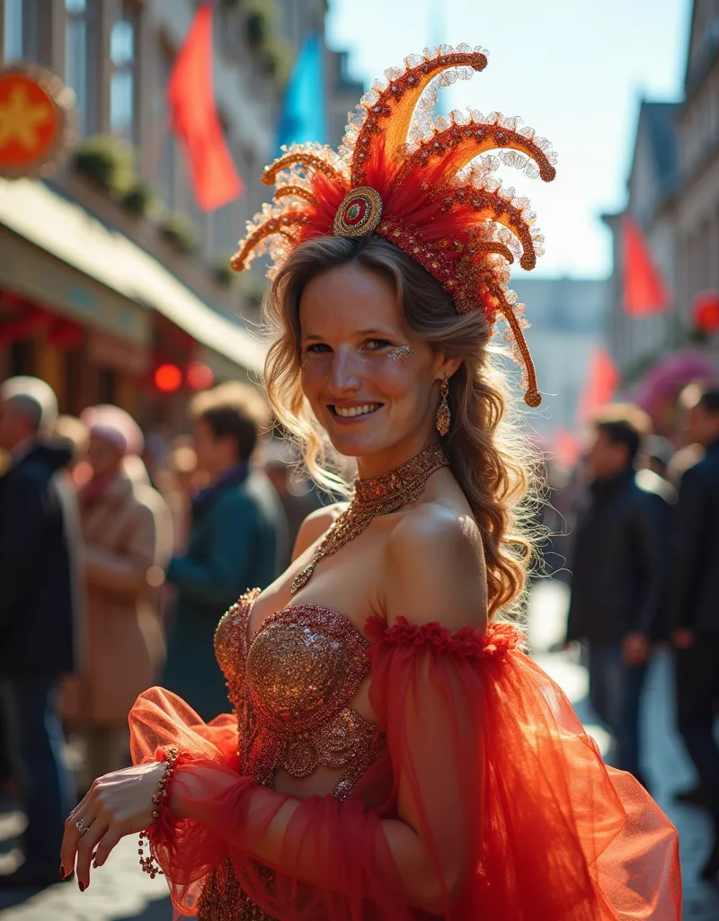 woman 30 years old, shoot de photo sur le thème de carnaval dans une ville Belge en mars, photo ultra réaliste