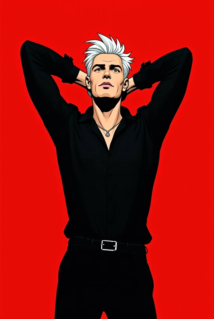 Hot guy with white hair and black shirt his heads behind his head pose colored line art clean with dark red baground 