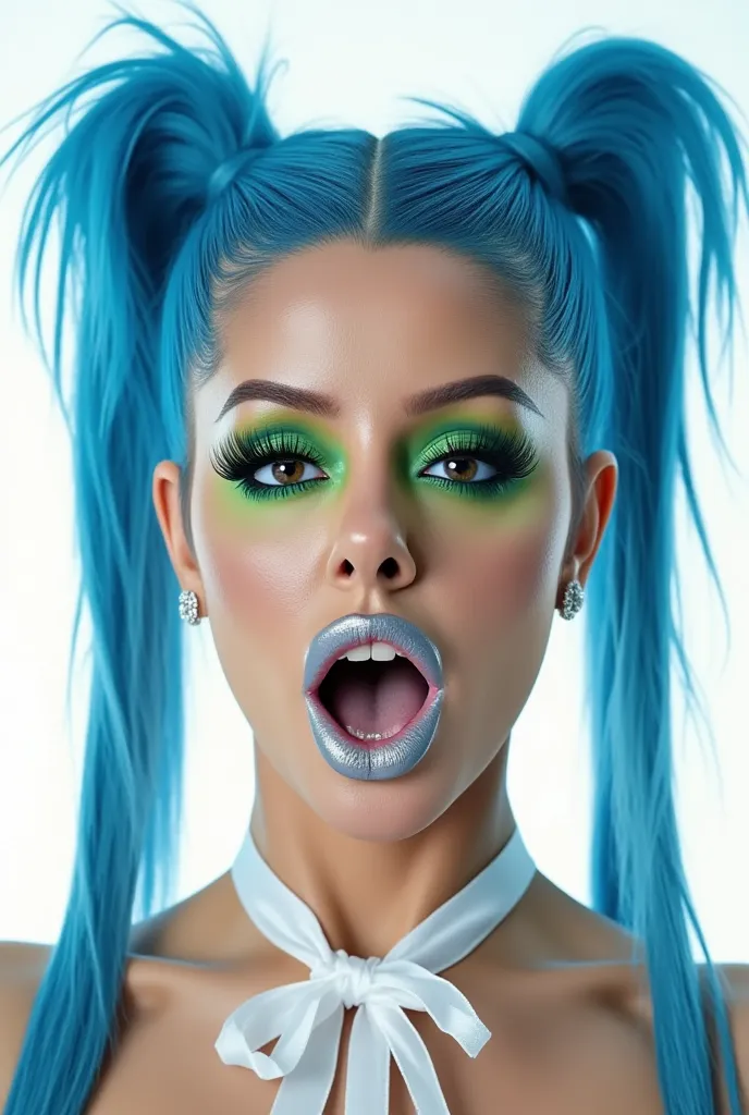 incredibly long and voluminous eyelash extensions, bright green shadows, silver lips,  crazy facial expression,  Wide mouth, disheveled blue hair, folded into two long bundles,  diamond earrings , white ribbon on the neck, thin blouse, white background and...