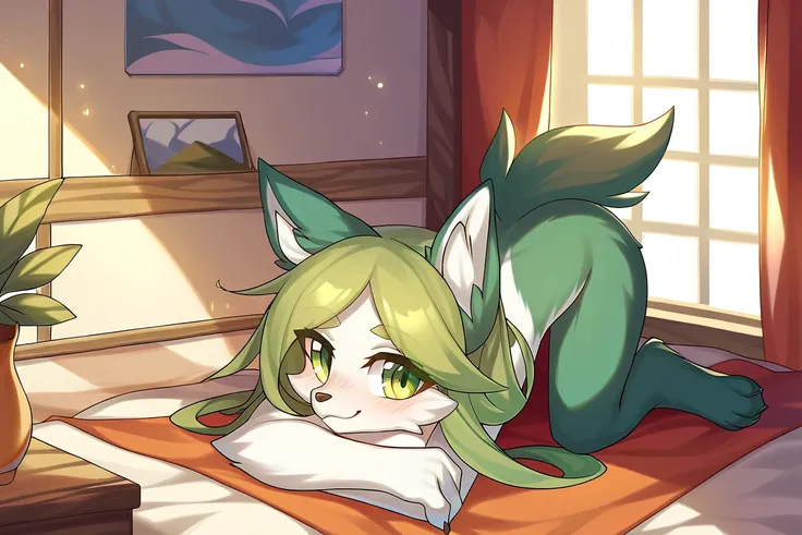 [[by Zinfyu}:0.1]
(Male)
(Black and white fur with green locks, beautiful green eyes, in a room in the background, window on the left with sunlight)
(the furry sitting on the bed smiling)(Male)(Looking at the viewer)
(Kemono wolf)
(Full body)

score_9, sco...