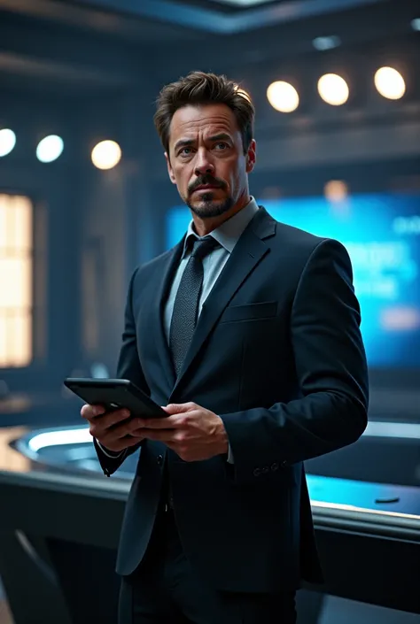  “Image of Tony Stark (Iron Man) in a modern, luxurious tech-filled room, with a sarcastic, confident smirk. He’s wearing a sharp, high-tech suit and standing next to a sleek, futuristic desk, holding a tablet. The atmosphere should be bold, with a sense o...