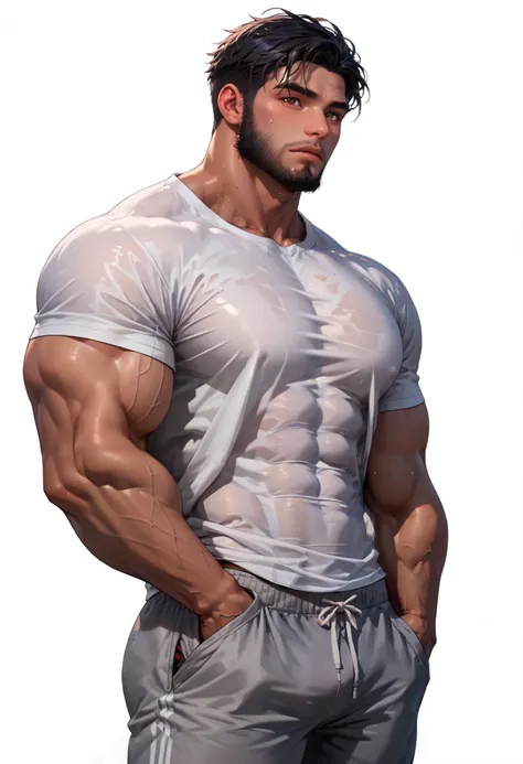 ((White background)), ((man)) 55 years old, rathing_questionable, solo man (1 Male), (brown eyes), Beard, (Dark skin) (black hair:1.2), (1 man), strong , ((hyper muscular:0.9)) ((White short-sleeved T-shirt:1.4)) (tall) (gray sweatpants:1.2) (muscular) ,st...