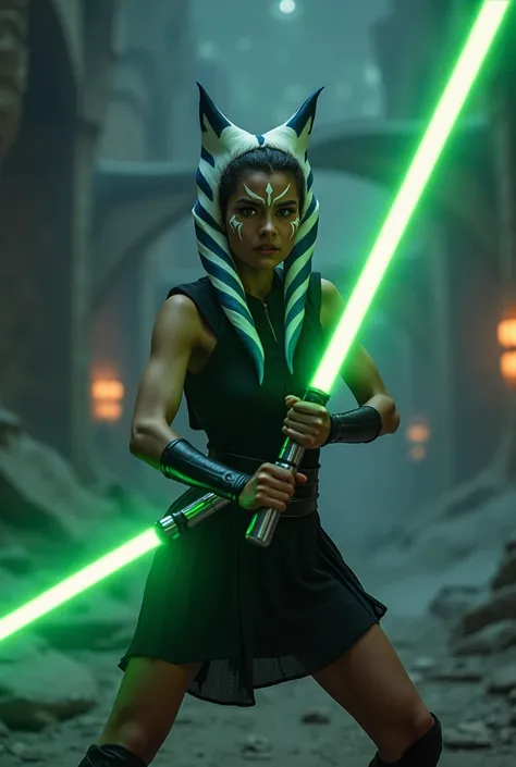 Sexy Azoka Tano short back dress fighting the Sith, You must wear green light sabers, at night, Wide angle,  rendered in octane ,  volumetric lighting ,  intricate details, ultra detailed, 3D image, resolution 64K.  photographic style :  Nikon D7500 camera...