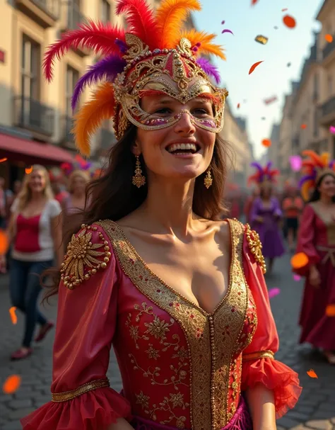 "Une femme joyeuse, au milieu des festivités du carnaval en Belgique. Elle porte un costume coloré et élaboré, inspiré des traditions locales, avec des plumes, des motifs dorés et un masque élégant partiellement relevé. Son visage reflète l'excitation et l...