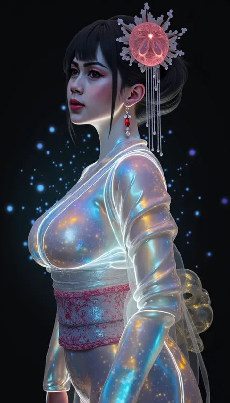 Luminous and iridescent silhouette of a plump busty muscle geisha in Japan, looking to viewers, who cries inconsolately . black background