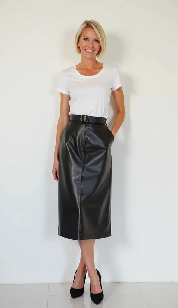 woman with short blonde hair in white top and long black leather skirt. She stands against a plain white background smiling. Natural lighting highlights the textures of her clothing and the shine of her black high heels. image should show the full body