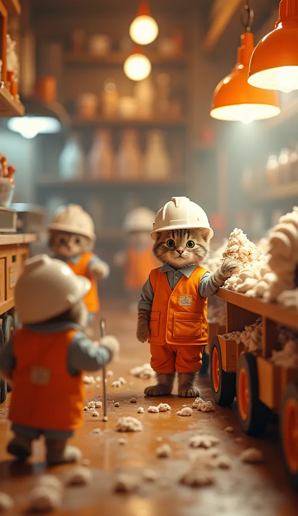 "A very detailed and realistic close-up of an ice cream shop where ice creams are being "constructed" by small cats in orange safety gear and white construction helmets. Some are climbing, others using miniature tools and a small crane to dispense the syru...