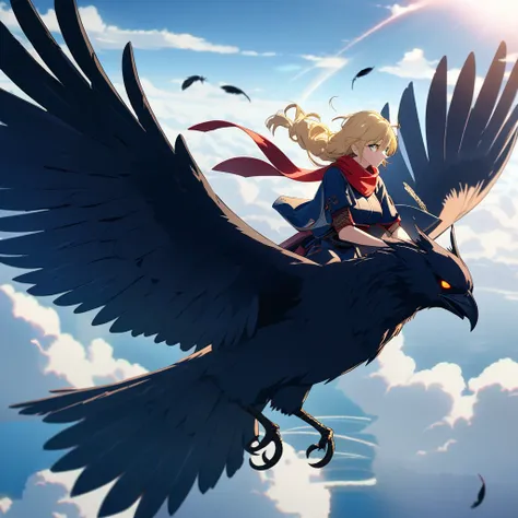 "(obra maestra, ultra detailed, high quality:1.2), Anime Style, distant view, golden-haired, dark-eyed kunoichi, Edel traveling through the air above a huge black raven, tsuki , wings spread across the sky, dark feathers reflecting the light of the moon or...