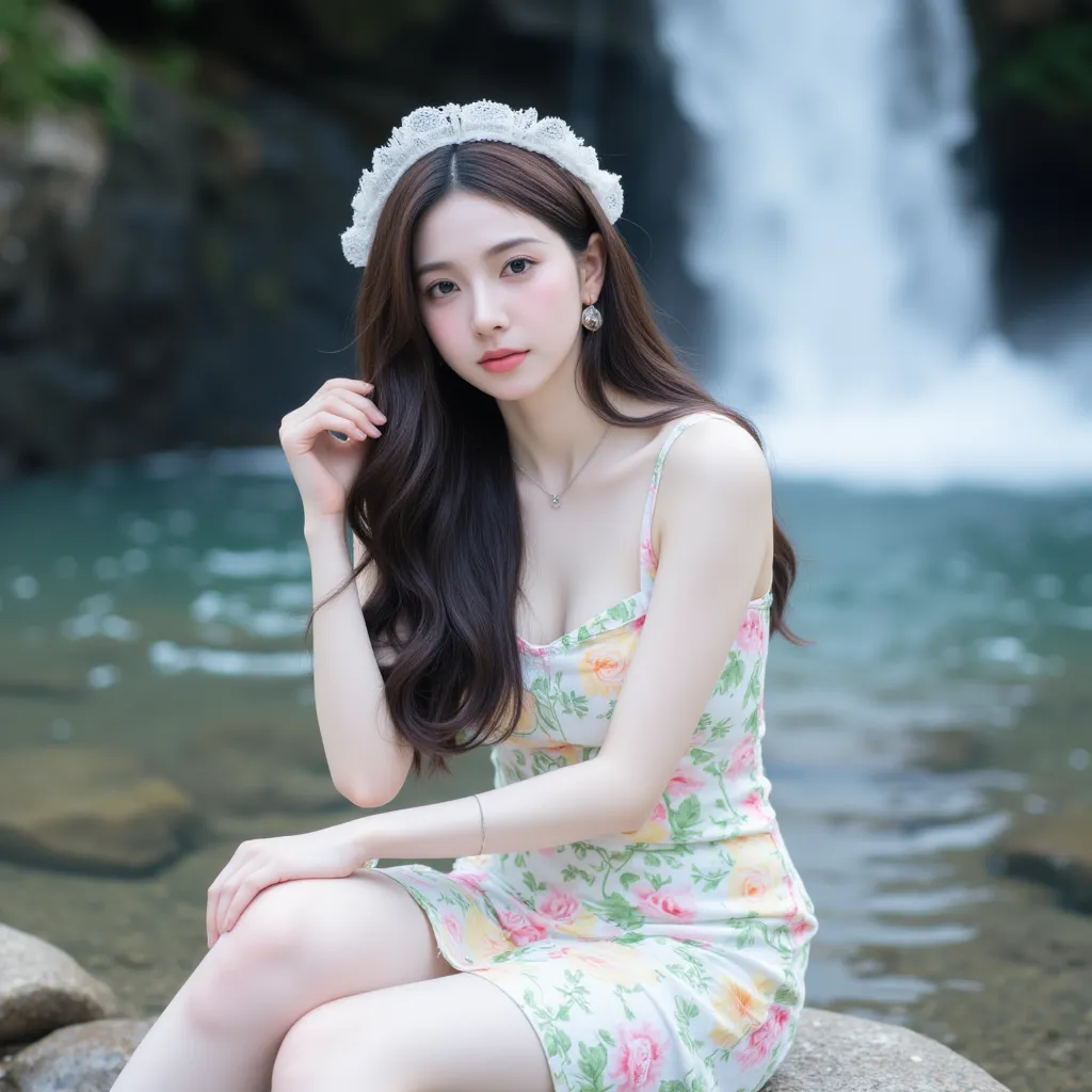 16k clear photo quality, High detail, complete shadows, photo-realistic, sharp focus, clear background, blurred background ,The eyes and face are very detailed, the beautiful woman, sitting on the rocks in the middle of the clean clear water flowing from t...