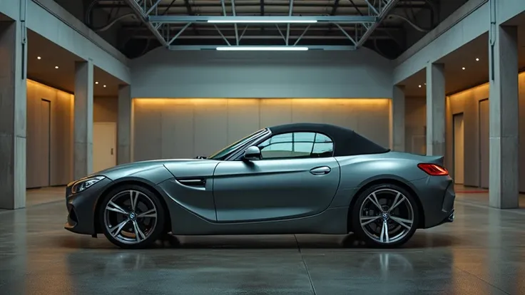 Ultra HD 8K cinematic photo of a luxurious BMW Z4 roadster parked in a high-end garage, illuminated by sleek LED lighting. The car's metallic paint reflects the ambient glow, highlighting its sculpted design. The camera captures the scene with the highest ...