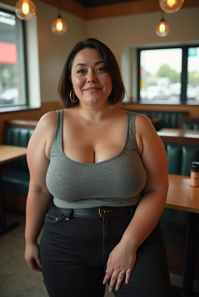 In a cafeteria, high angle view, a massive ass pawg voluptous plus sized 30- year old white woman sitting on a chair, looking up at viewer, (eyes openned), dark brown short bob cut, slight face wrinkles, hoop earings, wide body, large sized huge breasts, h...