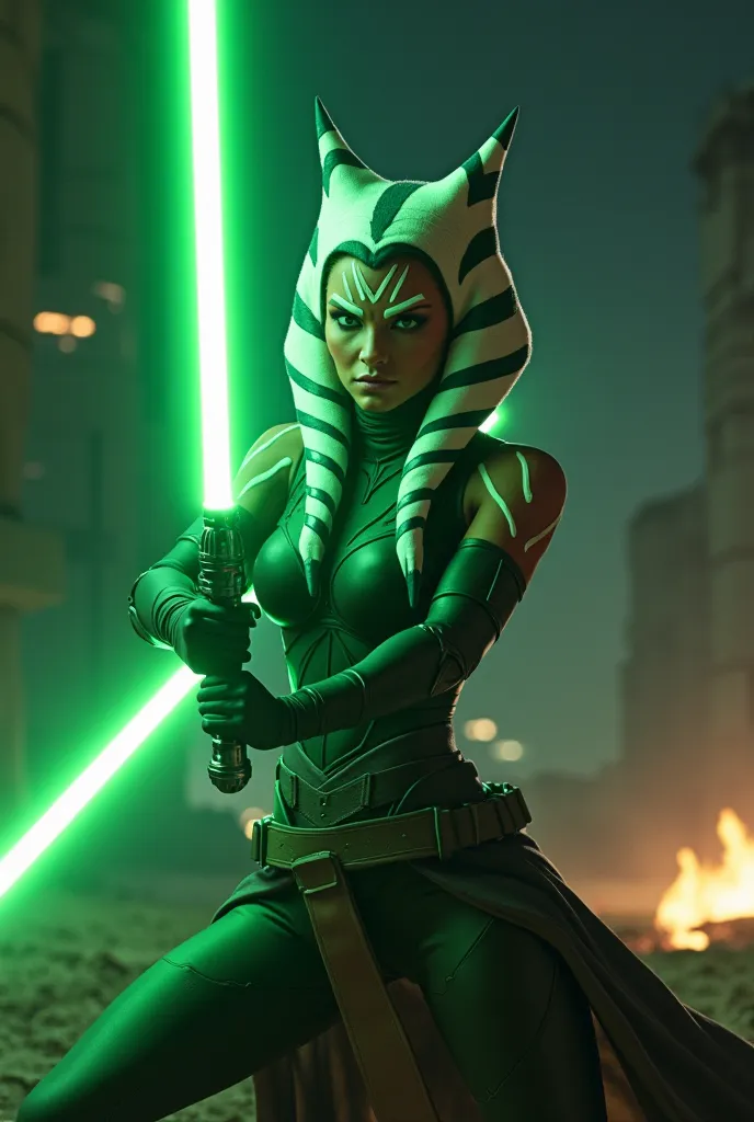 Sexy Azoka Tano wears sexy backwards fighting the Sith, You must wear green light sabers, at night, Wide angle,  rendered in octane ,  volumetric lighting ,  intricate details, ultra detailed, 3D image, resolution 64K.  photographic style :  Nikon D7500 ca...