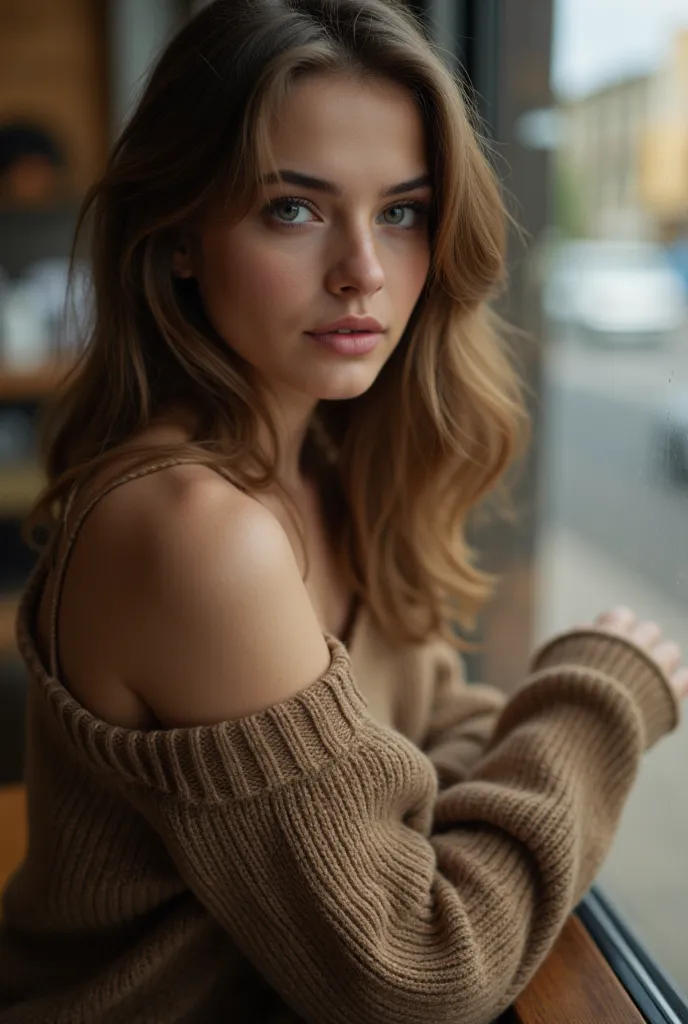 Ana de armas,Focus on eyes,small breasts,Piercing heterochromia eyes, one blue one green,warm sweater, coffee shop, staring out of window,Natalie dormer, Ethereal,Portrait,Closeup, portrait,girl posing,Closeup candid photo,Hailee steinfeld  and Maddison be...