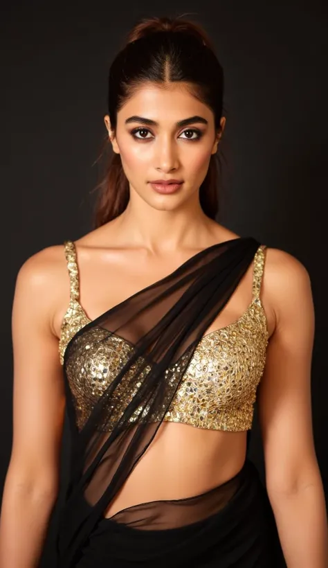 Generate a ultra realistic close up front image of a black transparent sleeveless saree. The blouse is golden colour with mirror sequins. It has no sleeves and has a golden satin finish with spaghetti straps. The woman is giving a sexy, seductive and bold ...