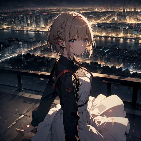 table top, Best Quality, shape,  wallpaper, Very Detailed, absurd, one girl, alone, ( 1 medium short hair、 short braided hair), Beautiful fine details, (street:1.3),  night view、hair blown in the wind, (Panoramic Views:1.3), (Depth:1.5), (Long Hit:1.3)