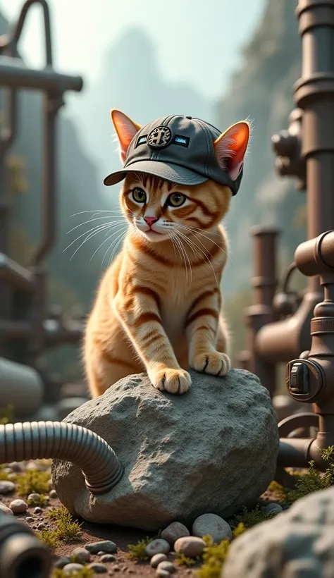 The same scene but the cat is wearing a cap with the same equipment and the same scene