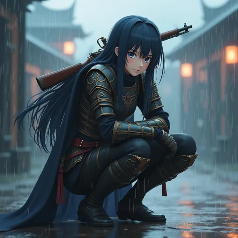 Crouching anime character,armor holding a musket on his shoulder,with very high quality armor,well detailed hair,thick eyebrows,in the rain