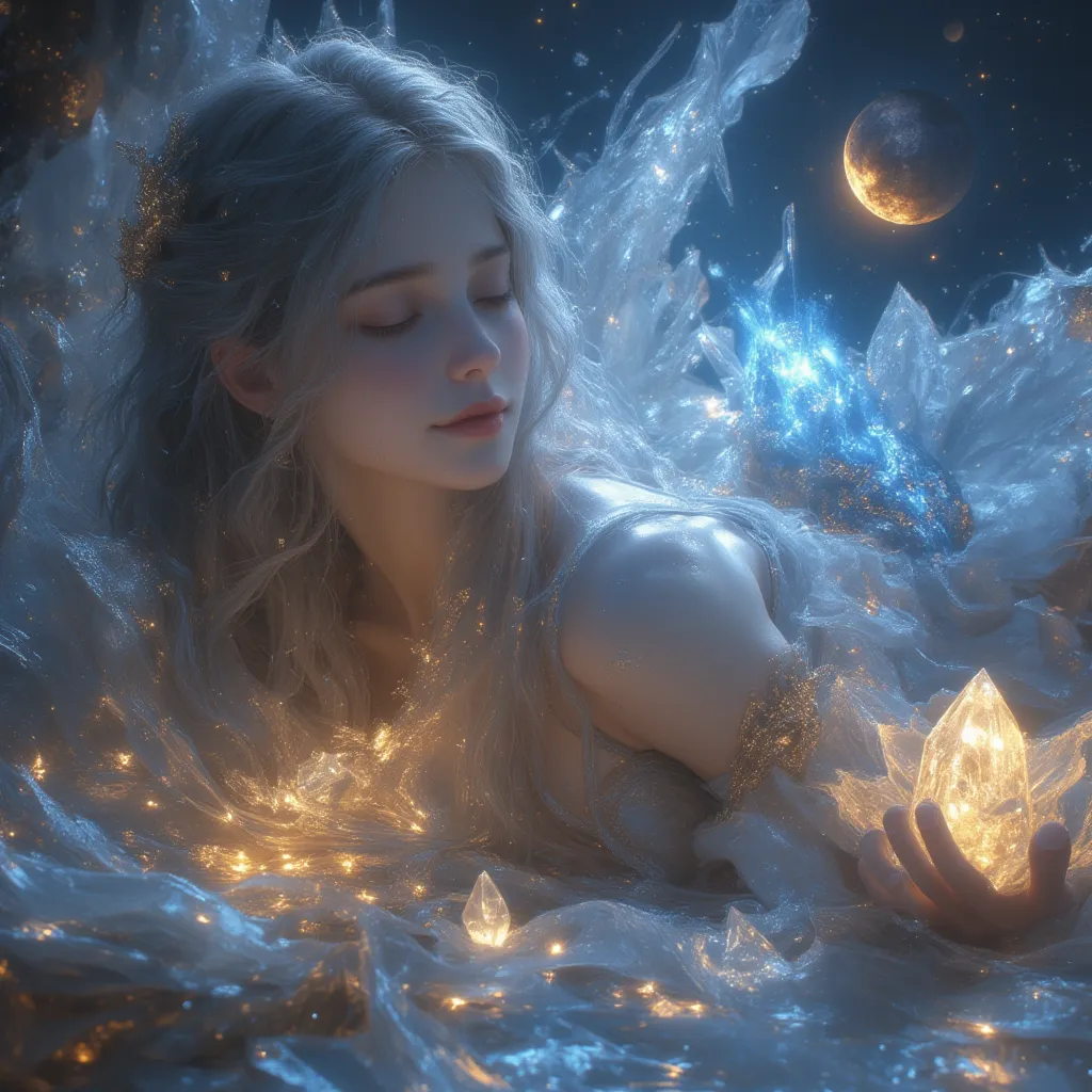 realistic style , 1 Goddess，Smile， Silver Long Hair，Hair tips dyed gold ，physics-based rendering,  Extremely detailed description ,  major ,  moon、Mars、Venus、Starlight、Glowing crystal 、Sleeping on a vast lake、lotus，Quadrilateral lens, High Resolution, Best...