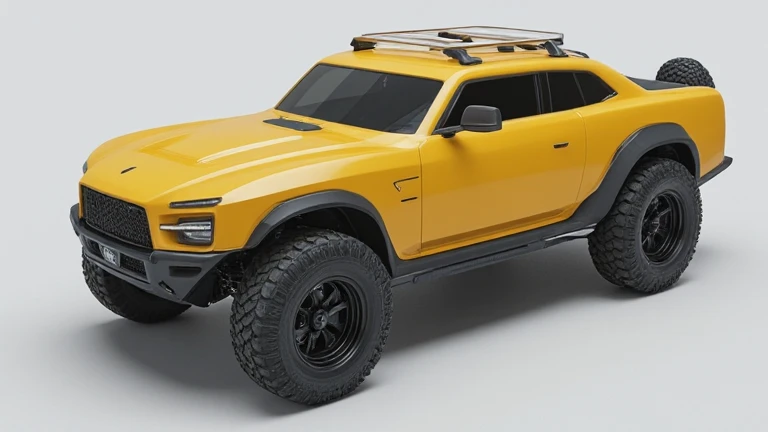 A high-angle, full shot of a futuristic, mustard yellow off-road SUV.  Hyperrealistic rendering. Studio shot, clean, neutral gray background.  Large, rugged tires with aggressive tread patterns.  Dark gray/black accents on the bodywork, including bumpers, ...