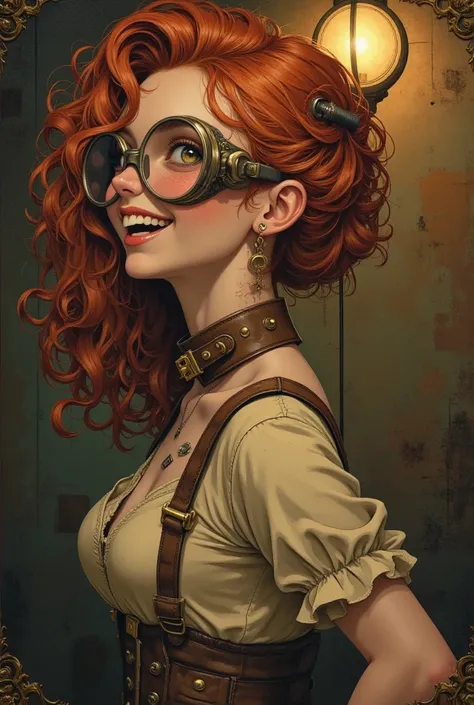 Close-up portrait of a laughing girl in the steampunk art style.The body is turned in profile. The head is turned towards the viewer. A glance to the side. Curly elastic red hair. Very light, transparent olive eyes. Long fluffy eyelashes. A wide, beautiful...